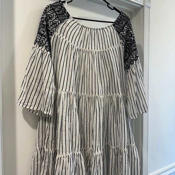 Free People Lola Embroidered Boho Striped Mini Peasant Dress Black/White Size S - Picture 4 of 7